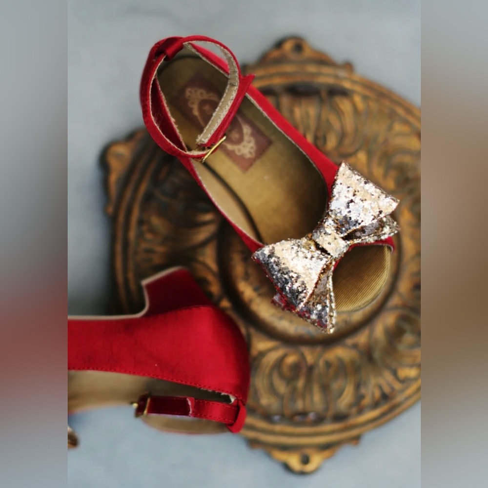 Joyfolie Valerie Pump Heel Ankle Strap Red Satin Glitter Bow Girls Sz 13 - Picture 3 of 9